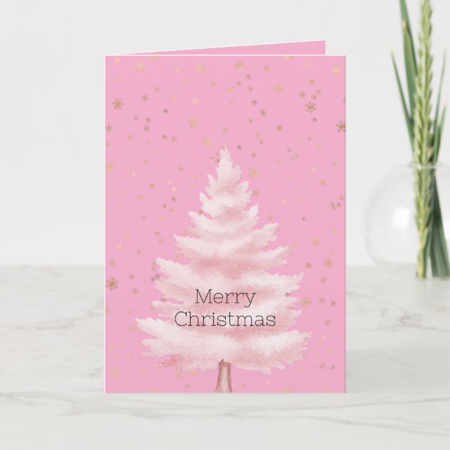 Cartão Pink Christmas Tree Gold Snowflakes (Frente)