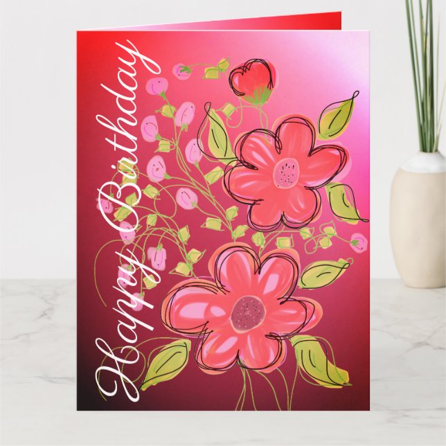 Cartão Pink Coral and Lime Floral Birthday Card (Frente)