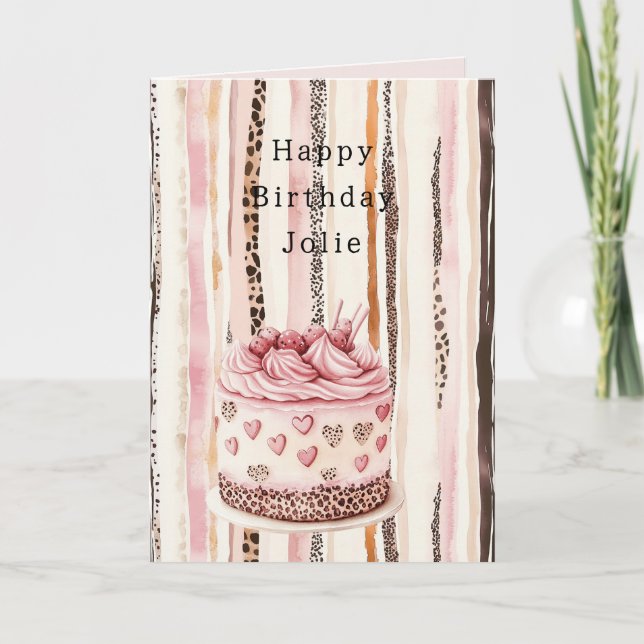 Cartão Pink Cream Hearts Leopard Animal Cake Birthday (Frente)
