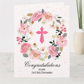 Cartão Pink Cross Floral Wreath First Communes