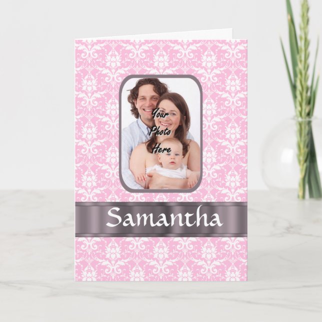 Cartão Pink damask custom photo (Frente)