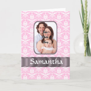 Cartão Pink damask custom photo