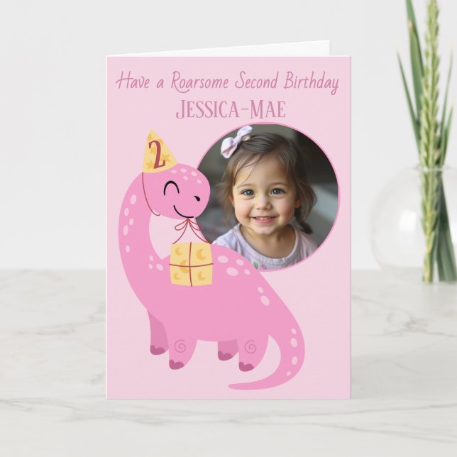 Cartão Pink Dinosaur 2nd Birthday Card (Frente)