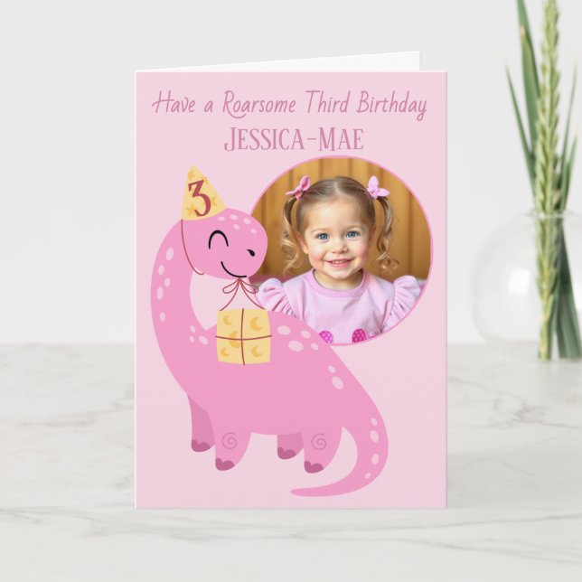 Cartão Pink Dinosaur 3rd Birthday Card (Frente)