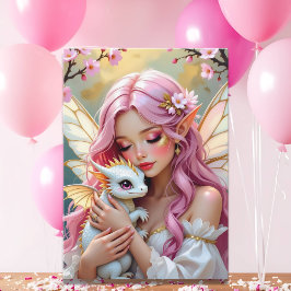 Cartão Pink Elven Fairy & White Dragon | Happy Birthday