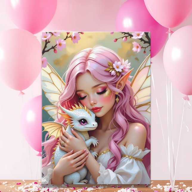 Cartão Pink Elven Fairy & White Dragon | Happy Birthday (Criador carregado)