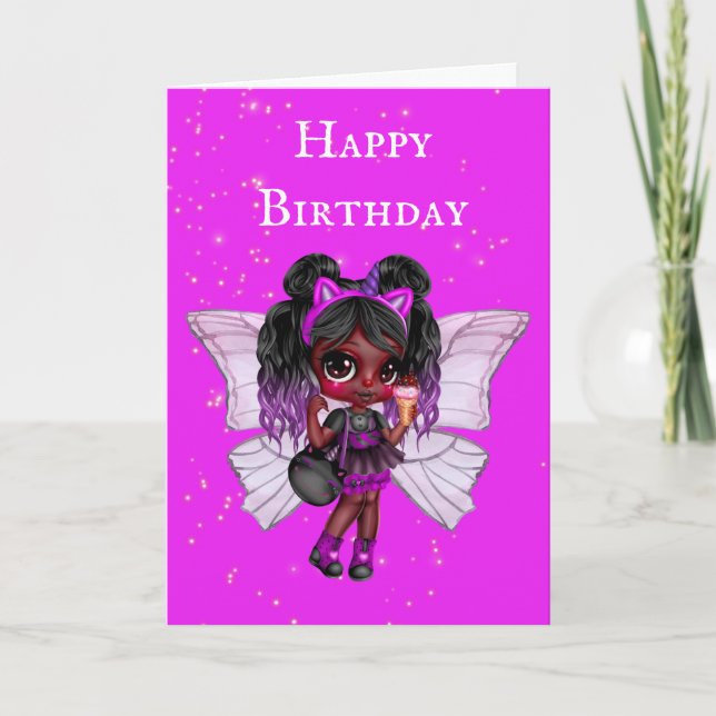 Cartão Pink fairy African American cute girl birthday (Frente)