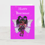 Cartão Pink fairy African American cute girl birthday<br><div class="desc">A beautiful and magical African American fairy with dark hair tinged with purple ends is wearing a cute black and purple outfit and is holding a delicious ice cream cone in her hand. She has pretty purple wings that are open wide and is framed by magic dust and sparkles that...</div>