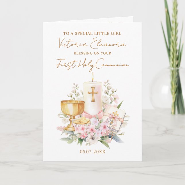 Cartão Pink First Holy Communion Chalice Candle (Frente)