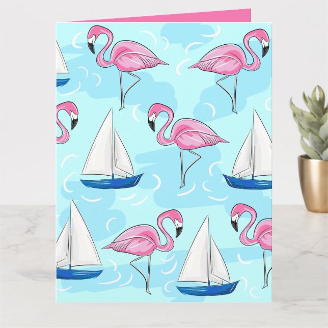 Cartão Pink Flamingo Blue Sailboat Preppy (Planta pequena)