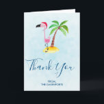 Cartão Pink Flamingo in Red Santa Hat Christmas Thank You<br><div class="desc">Christmas thank you greeting card.  Drawn with a cute illustration of a pink flamingo wearing a red santa hat. Standing on a mound of sand with a tropical palm tree behind. Personalize your message inside. Set on a light blue background.</div>