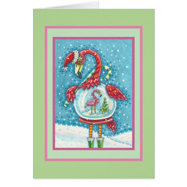 CARTÃO PINK FLAMINGO SNOWGLOBE, CHRISTMAS GREEECARD B (Frente)