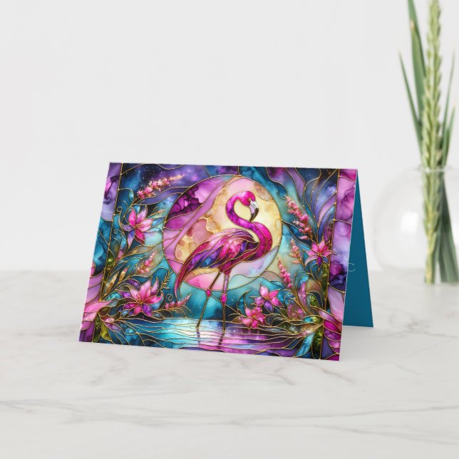 Cartão Pink Flamingo Stained Glass Mosaic (Frente)