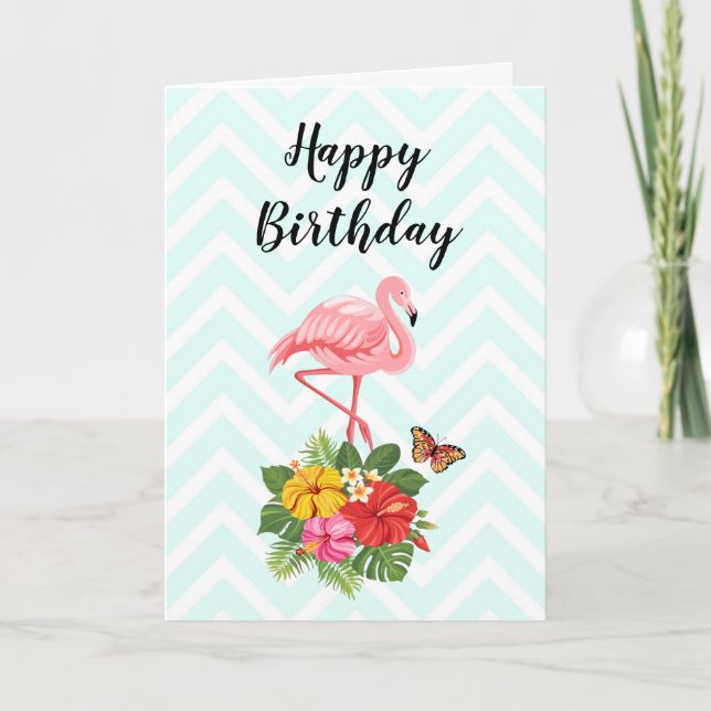 Cartão Pink Flamingo & Tropical Hibiscus Fancy Birthday (Frente)