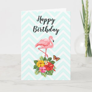 Cartão Pink Flamingo & Tropical Hibiscus Fancy Birthday