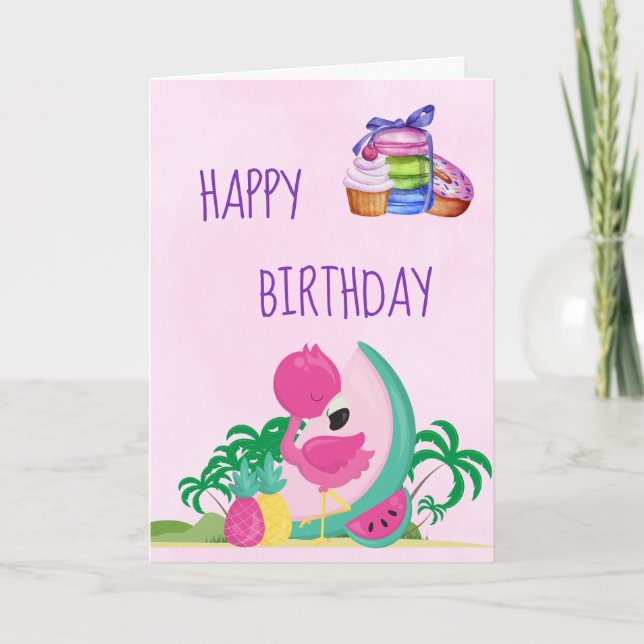 Cartão Pink Flamingo w/ Fruits & Macarons Happy Birthday (Frente)