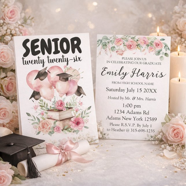 Cartão Pink Floral Graduation Party Invitation (Criador carregado)