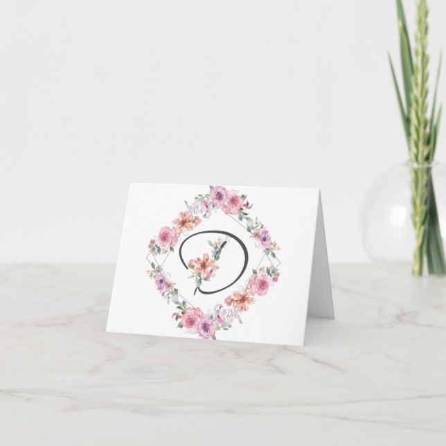 Cartão Pink Floral Wreath Letter D Note Card (Frente)