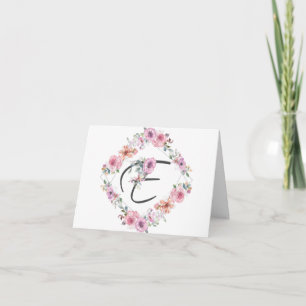 Cartão Pink Floral Wreath Letter E Note Card
