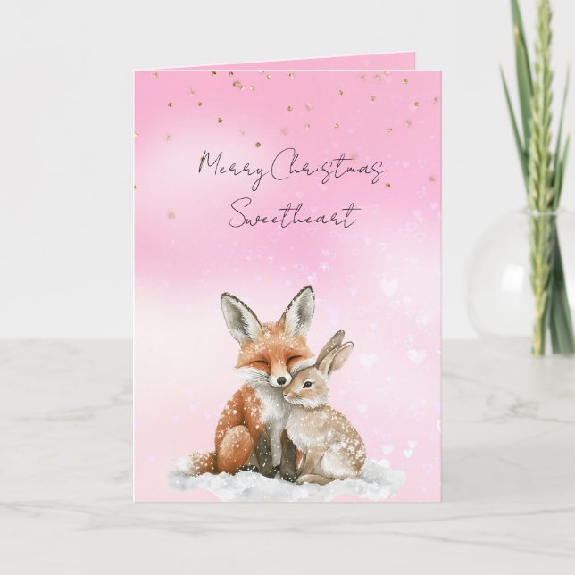 Cartão Pink Fox Bunny Love Glitter Sweetheart Christmas (Frente)