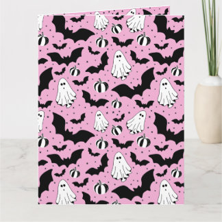 Cartão Pink ghosts, bats and pumpkins