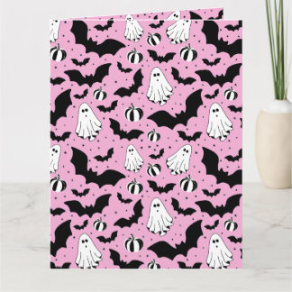 Cartão Pink ghosts, bats and pumpkins