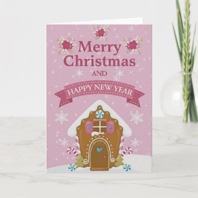Cartão Pink Gingerbread House Merry Christmas Card (Frente)
