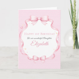 Cartão Pink Gingham Watercolor Bow Girl Birthday Card