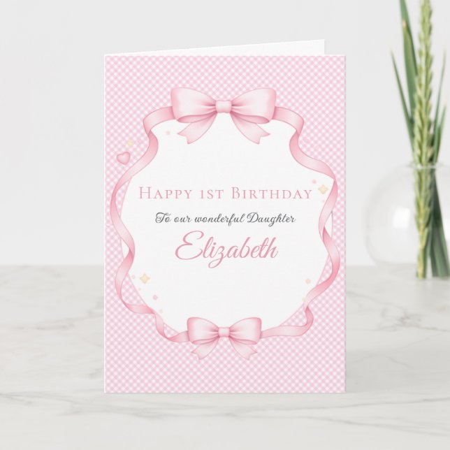 Cartão Pink Gingham Watercolor Bow Girl Birthday Card (Frente)