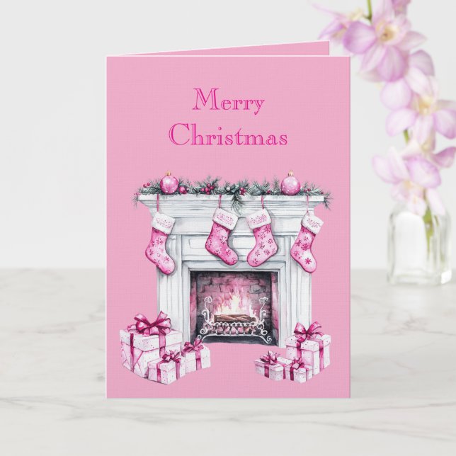 Cartão Pink Glam Christmas Stocking Fireplace (Orquídea)