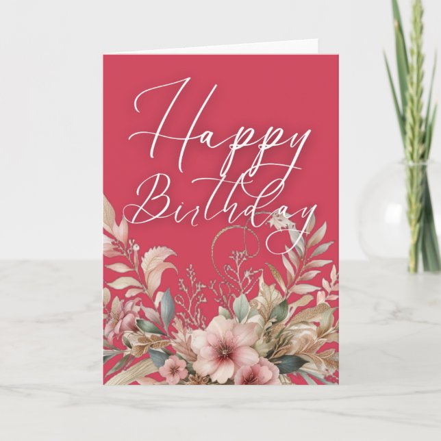 Cartão Pink Gold Watercolor Boho Floral Happy Birthday  (Frente)