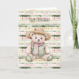 Cartão Pink Green Yellow Stripes Teddy Bear Birthday