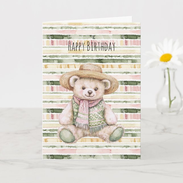 Cartão Pink Green Yellow Stripes Teddy Bear Birthday (Planta pequena)