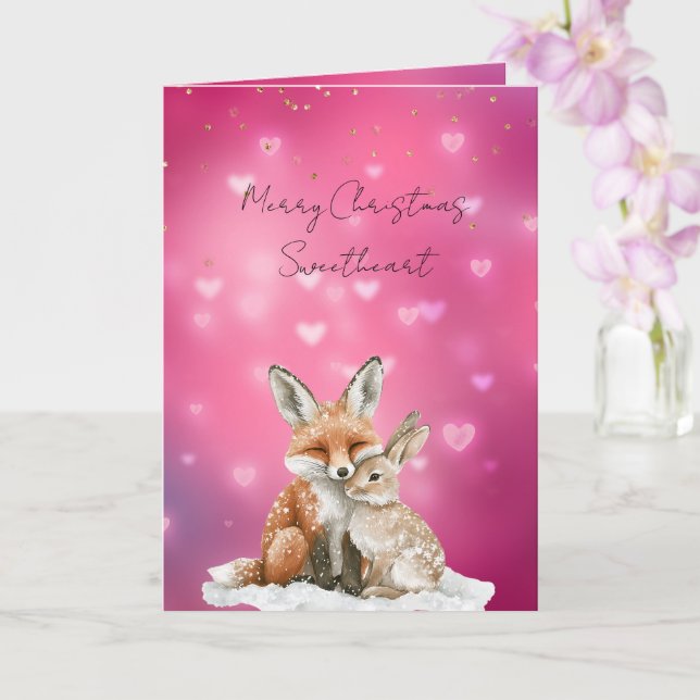 Cartão Pink Hearts Fox Bunny Glitzy Sweetheart Christmas (Orquídea)