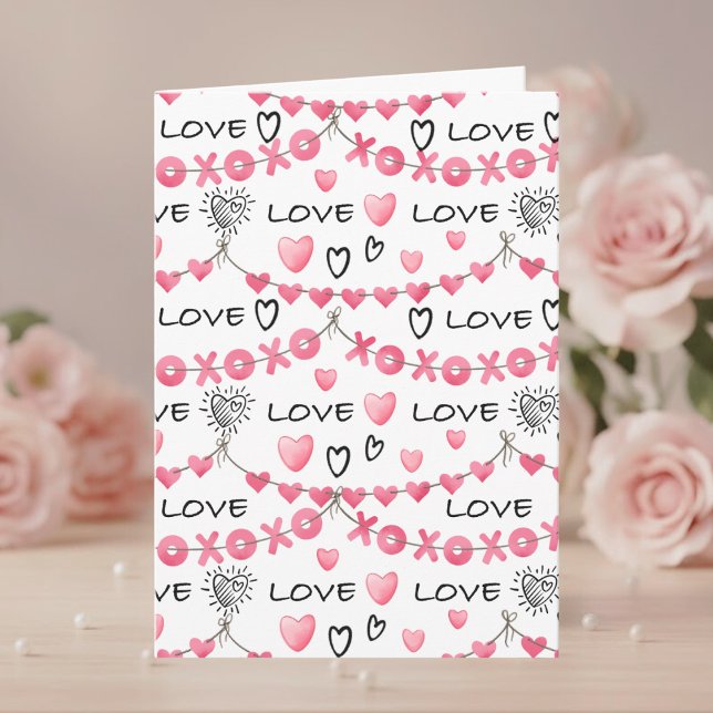 Cartão Pink Hearts Love Doodle Script Pattern Valentine's (Criador carregado)