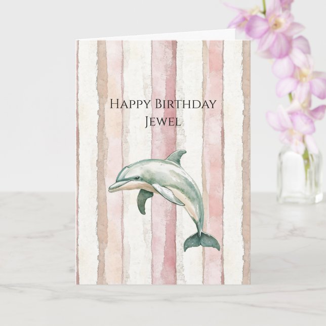 Cartão Pink Ivory Cream Stripes Dolphin Birthday (Orquídea)