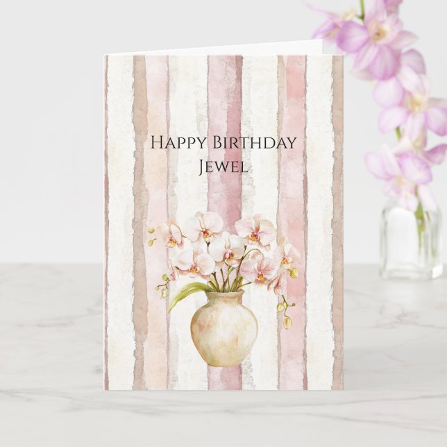 Cartão Pink Ivory Cream Stripes Pink Orchids Birthday (Orquídea)
