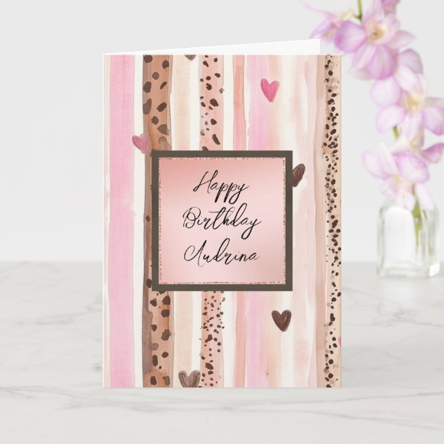 Cartão Pink Leopard Animal Stripes Hearts Blush Birthday (Orquídea)