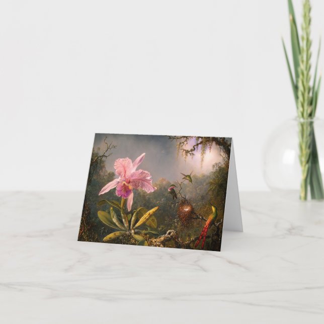 Cartão Pink Orchid and Three Hummingbirds Note Card (Frente)