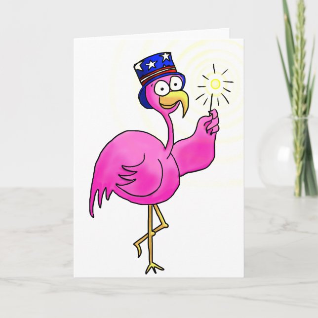 Cartão Pink Patriotic Flamingo Hat Sparkler (Frente)