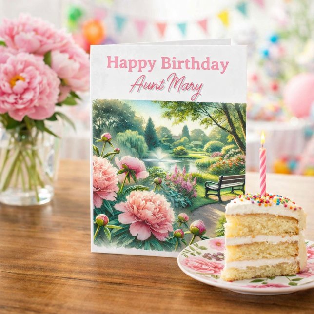 Cartão Pink Peonies at Park Happy Birthday Card for Aunt (Template personalized birthday card, easy to modify for her (mom, sister, friend, aunt)  birthday )