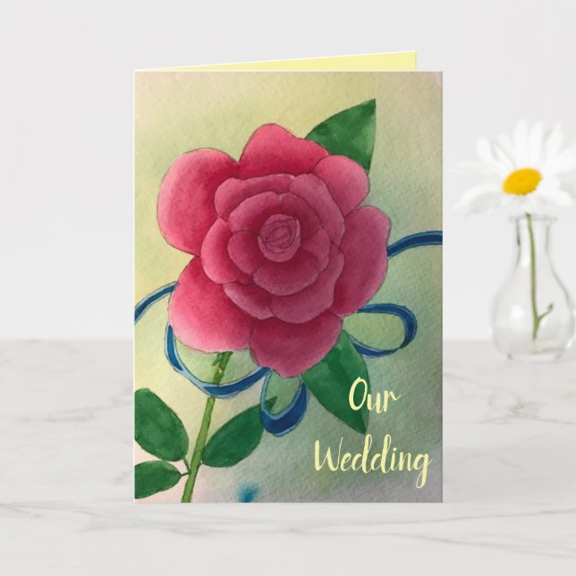 Cartão Pink Rose Blue Ribbon Wedding Invitation Cards (Planta pequena)