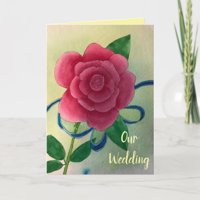 Cartão Pink Rose Blue Ribbon Wedding Invitation Cards (Frente)