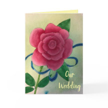 Pink Rose Blue Ribbon Wedding Invitation Cards