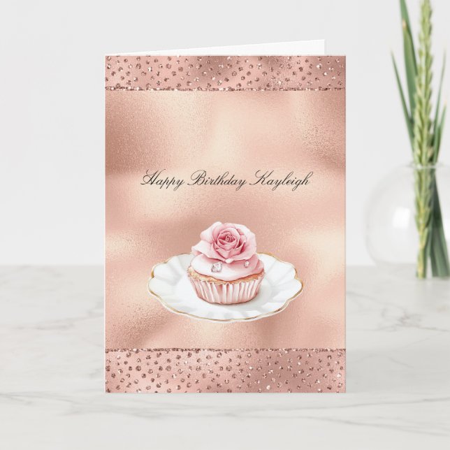 Cartão Pink Rose Cupcake Gold Glam Glitter Birthday   (Frente)