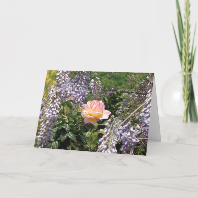 Cartão Pink Rose with Purple Wisteria Blank Art Card (Frente)
