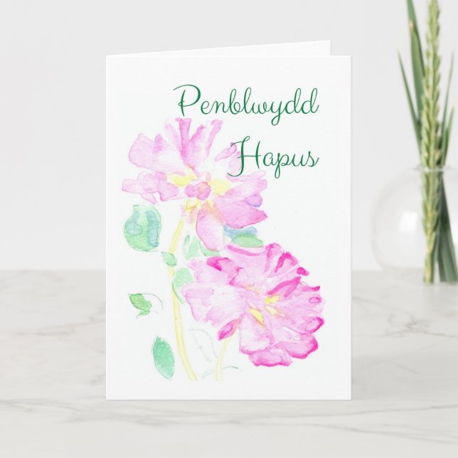 Cartão Pink Roses Birthday Card: Welsh Greeting (Frente)