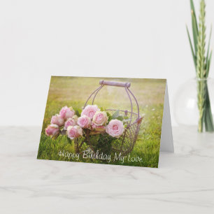 Cartão Pink Roses i a Basket, elegant Birthday Card