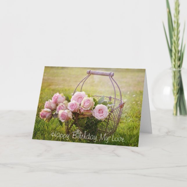 Cartão Pink Roses i a Basket, elegant Birthday Card (Frente)