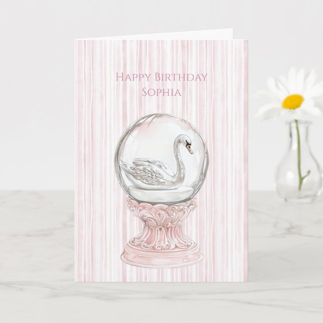 Cartão Pink Stripes Swan Birthday (Planta pequena)